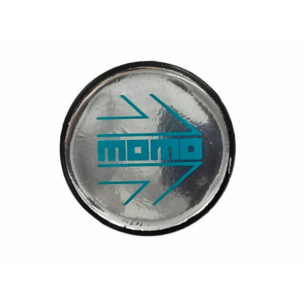 Tapa Rin Resina Momo Letra Azul Fondo Cromo 55mm