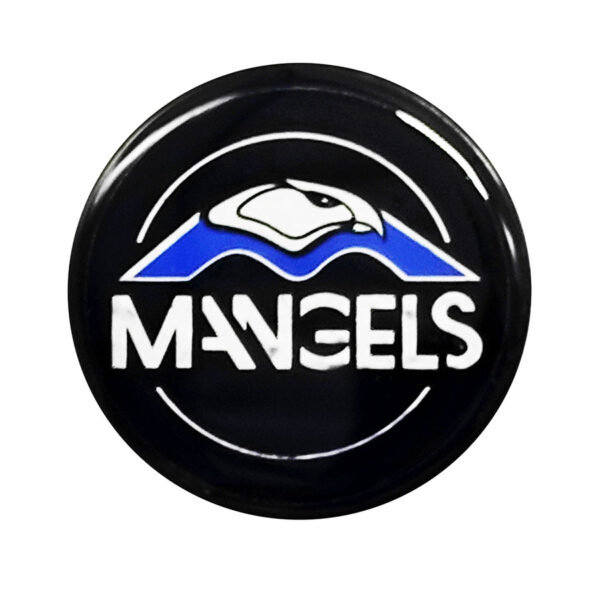 Tapa Rin Resina Mangels Logo Plata-Azul Fondo Negro 50mm