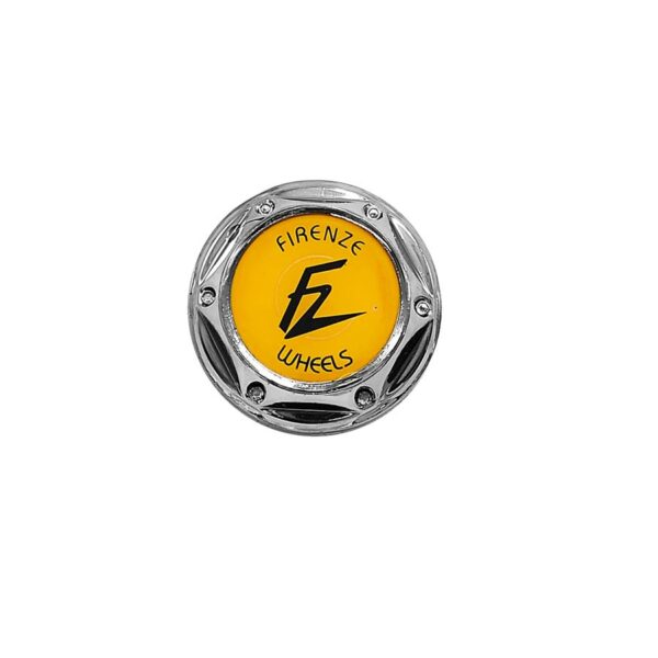 Tapa Rin Firenze Resina Wheels Logo Negro Fondo Amarillo 50mm