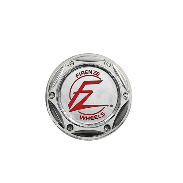 Tapa Rin Firenze Resina Wheels Logo Rojo Fondo Plata 50mm