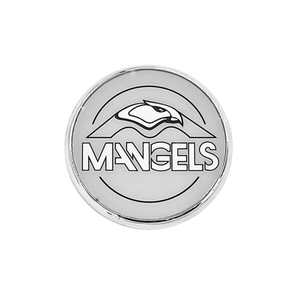 Tapa Rin Cromada Resina Mangels Logo Negro-Plata Fondo Gris 50mm