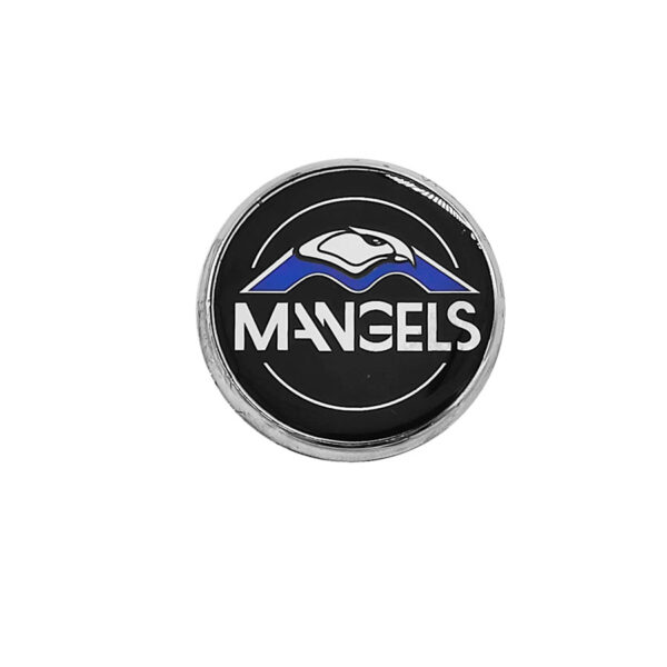 Tapa Rin Cromada Resina Mangels Logo Plata-Azul Fondo Negro 50mm