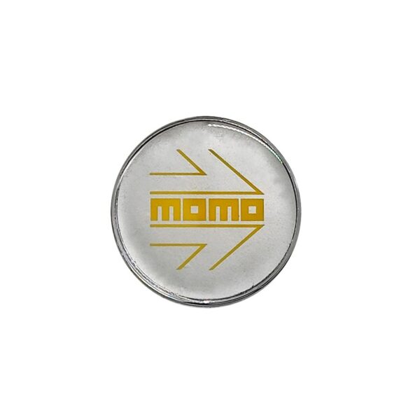 Tapa Rin Cromada Resina Momo Letra Amarilla Fondo Plata 55mm