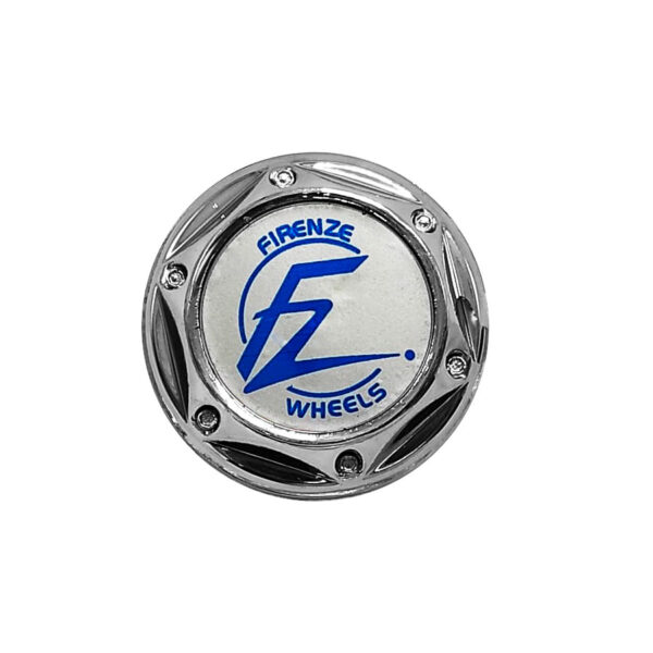 Tapa Rin Firenze Resina Wheels Logo Azul Fondo Plata 55mm