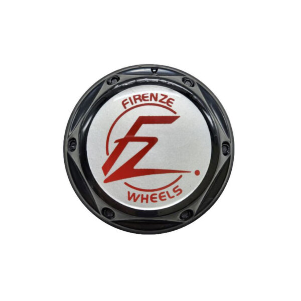 Tapa Rin Firenze Negra Resina Wheels Logo Rojo Fondo Plata 50mm