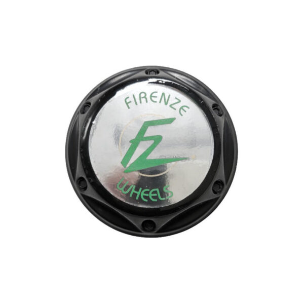 Tapa Rin Firenze Negra Resina Wheels Logo Verde Fondo Cromo 55mm