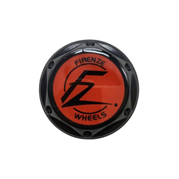 Tapa Rin Firenze Negra Resina Wheels Logo Negro Fondo Rojo 50mm